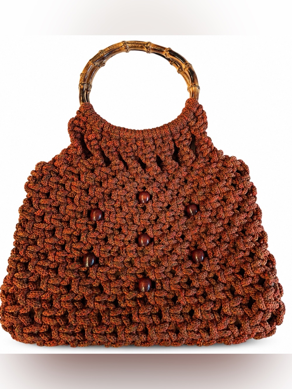 Handmade‎ Crochet Bamboo Handle Handbag Boho Rustic Purse Brown Wood Bead Accent
